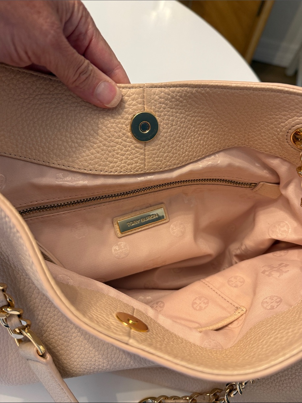 Tory Burch Light Blush Pebbled Leather Shoulder Tote with Gold Chain Handles - Picture 16 of 16